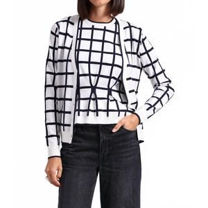 NEW MINNIE ROSE viscose windowpane v neck cardigan in white/navy